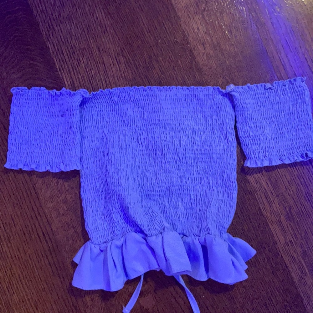 NORDSTROM blue ruffle top with tie back